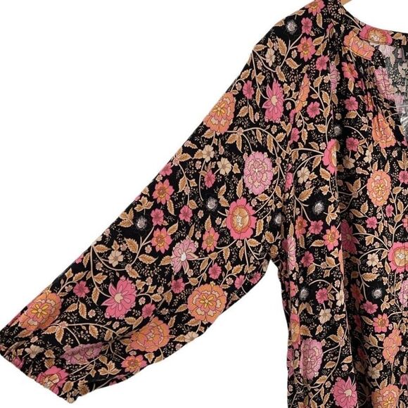 Jones New York Split V-Neck Button Front Blouse Floral Women 1X Black Pink Tan - Picture 2 of 8